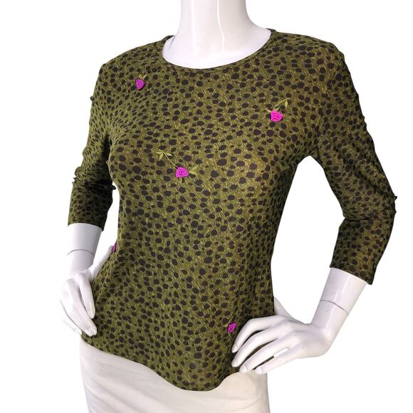Josie Natori Women's S Olive Green Black Dot 3/4 Sleeve Crew Top Rose Applique - Picture 1 of 15